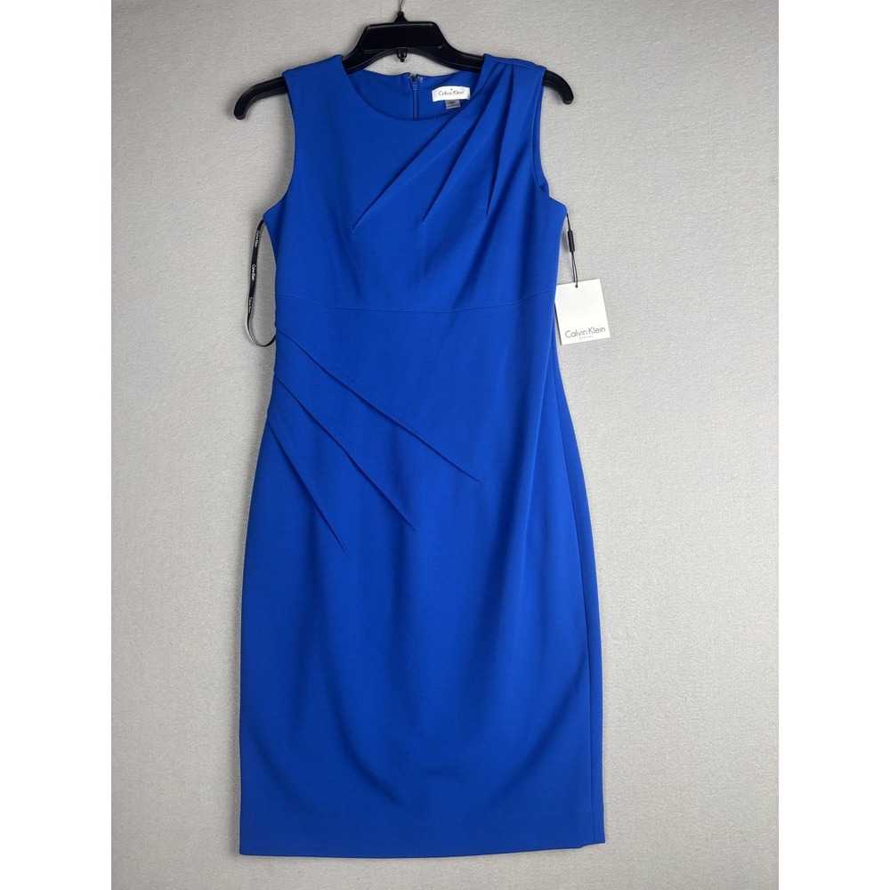 Calvin‎ Klein Dress Womens 4 Blue Sheath Pleated Sleeveless Career CD8C1584 New